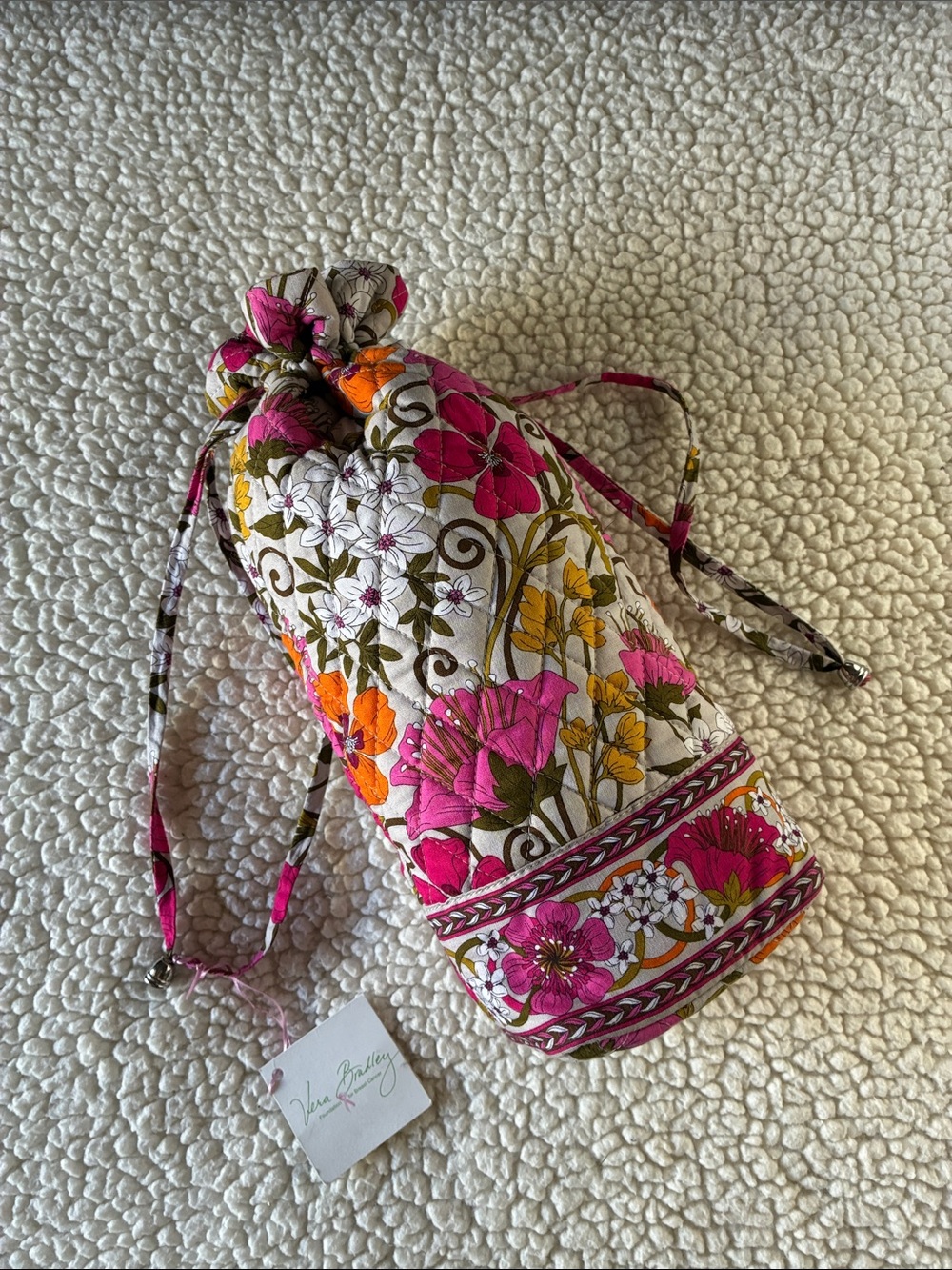 NEW Vera Bradley Pink Orange Tea Garden Quilted Floral Drawstring Wine Gift Bag